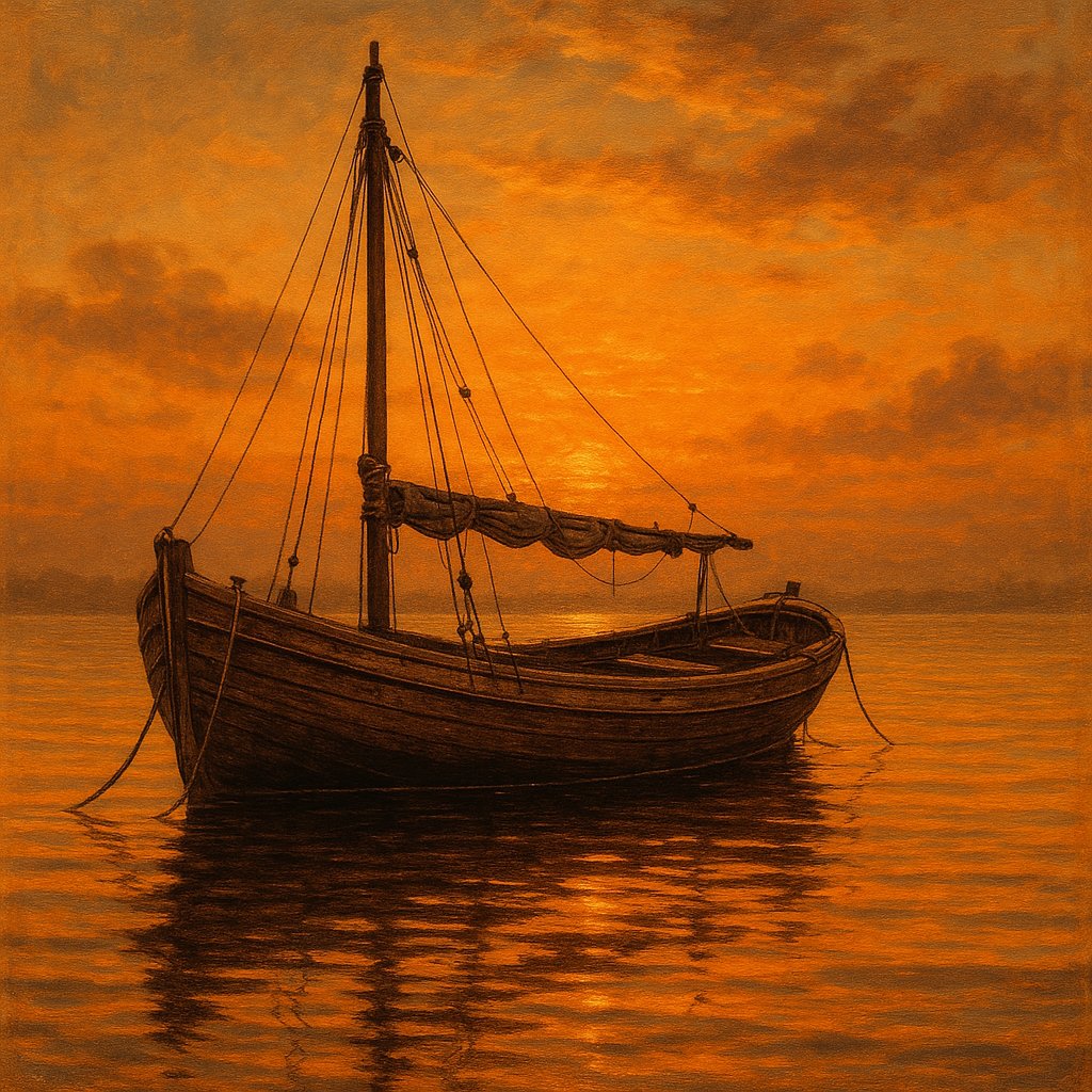 Dawn Afloat: Vintage Wooden Fishing Boat