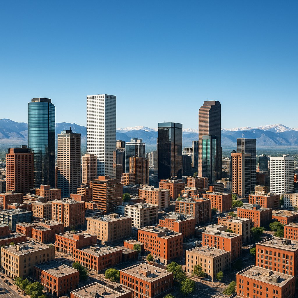 Denver Skyline with Rocky Mountain Backdrop — Clear Sunny Day