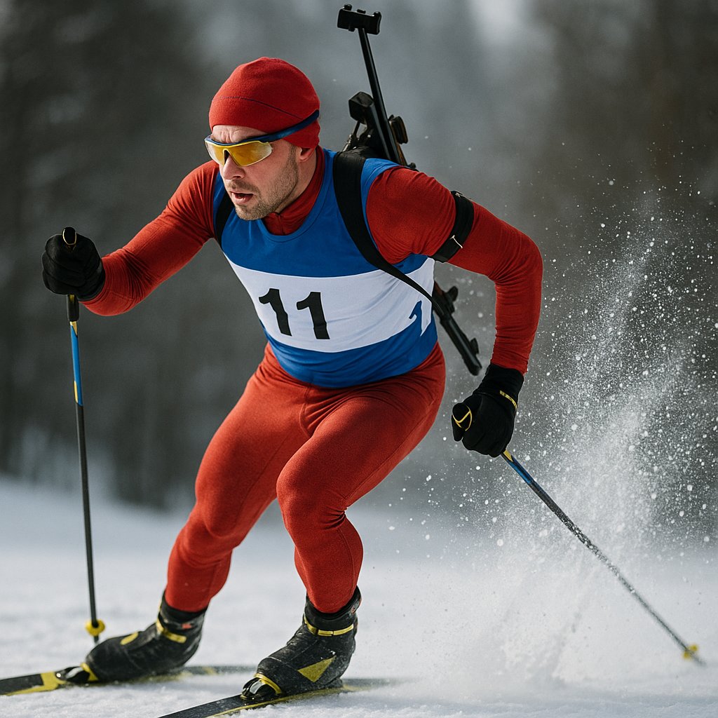 Explosive Biathlon Push — Snow Spray Frozen in Motion