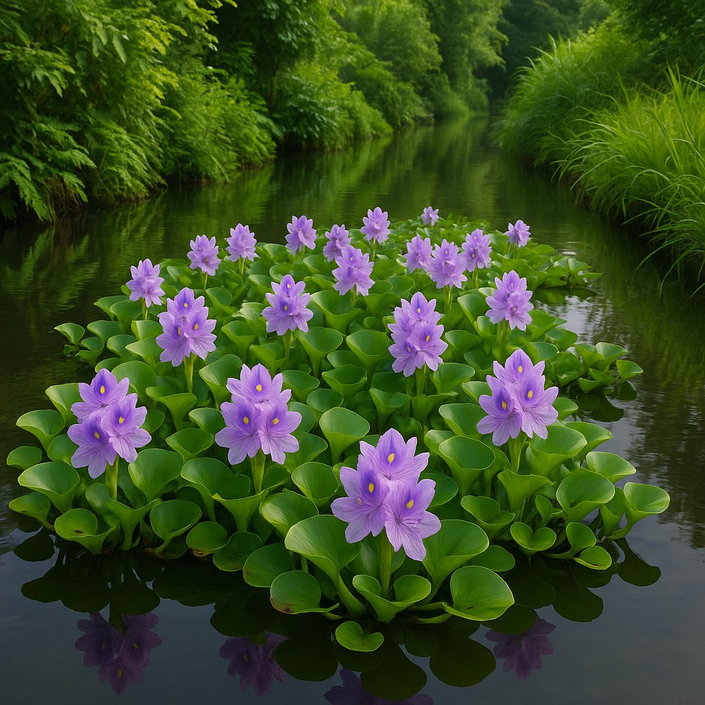 Floating Carpet of Purple Water Hyacinths on a Tranquil Canal