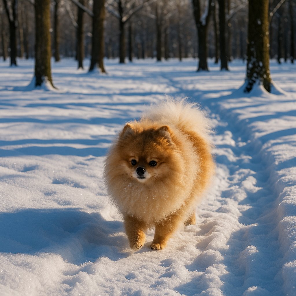 Fluffy Pomeranian Strolling Through a Snowy Park