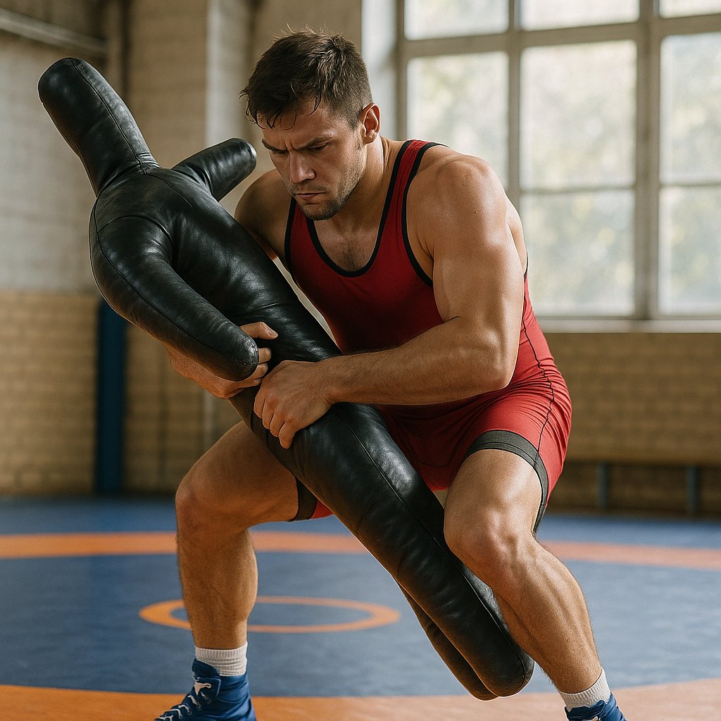 Focused Wrestler Practicing Throws with Training Dummy