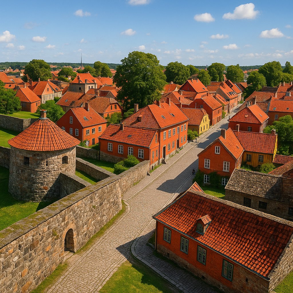 Fredrikstad Fortress Town — Red-Roofed Old Quarter in Bright Daylight