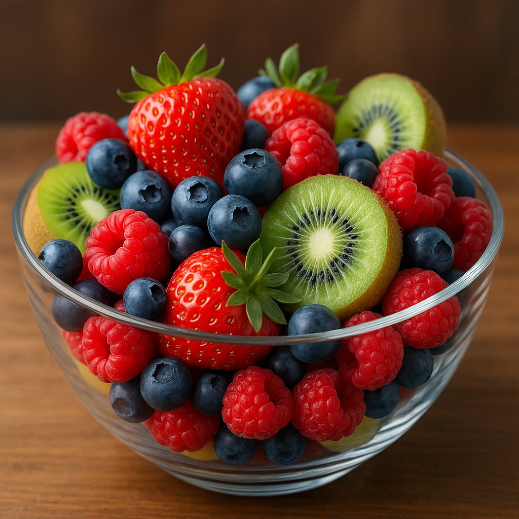 Fresh Mixed Berries & Kiwi in Glass Bowl