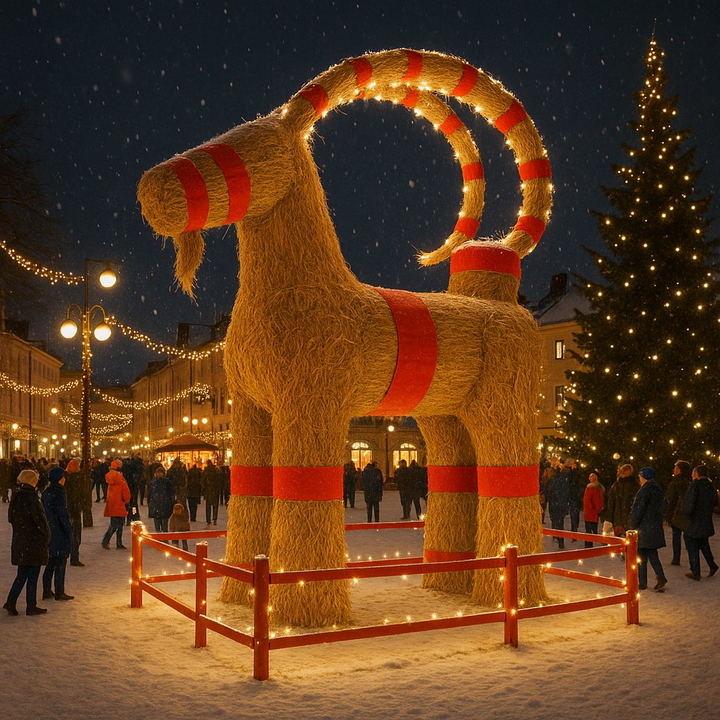 Giant Swedish Yule Goat in Festive Town Square
