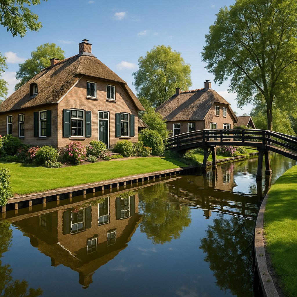 Giethoorn Canal Village with Thatched Houses and Bridge