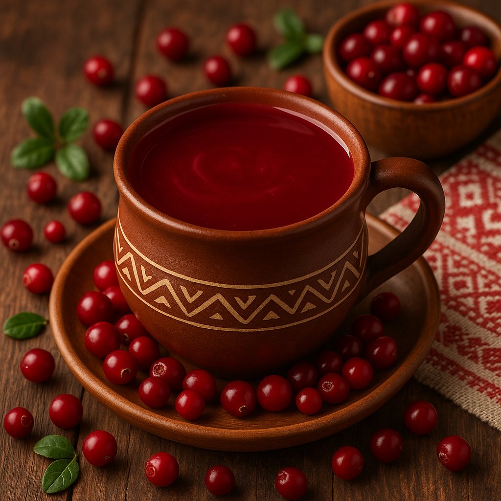 Glossy Cranberry Kissel in Traditional Belarusian Mug