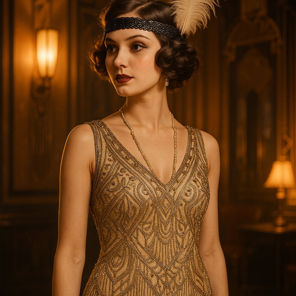 Golden Flapper in an Art Deco Parlor