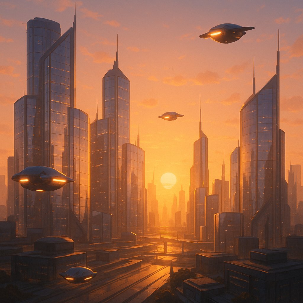 Golden Horizon: A Peaceful Futuristic City at Sunset