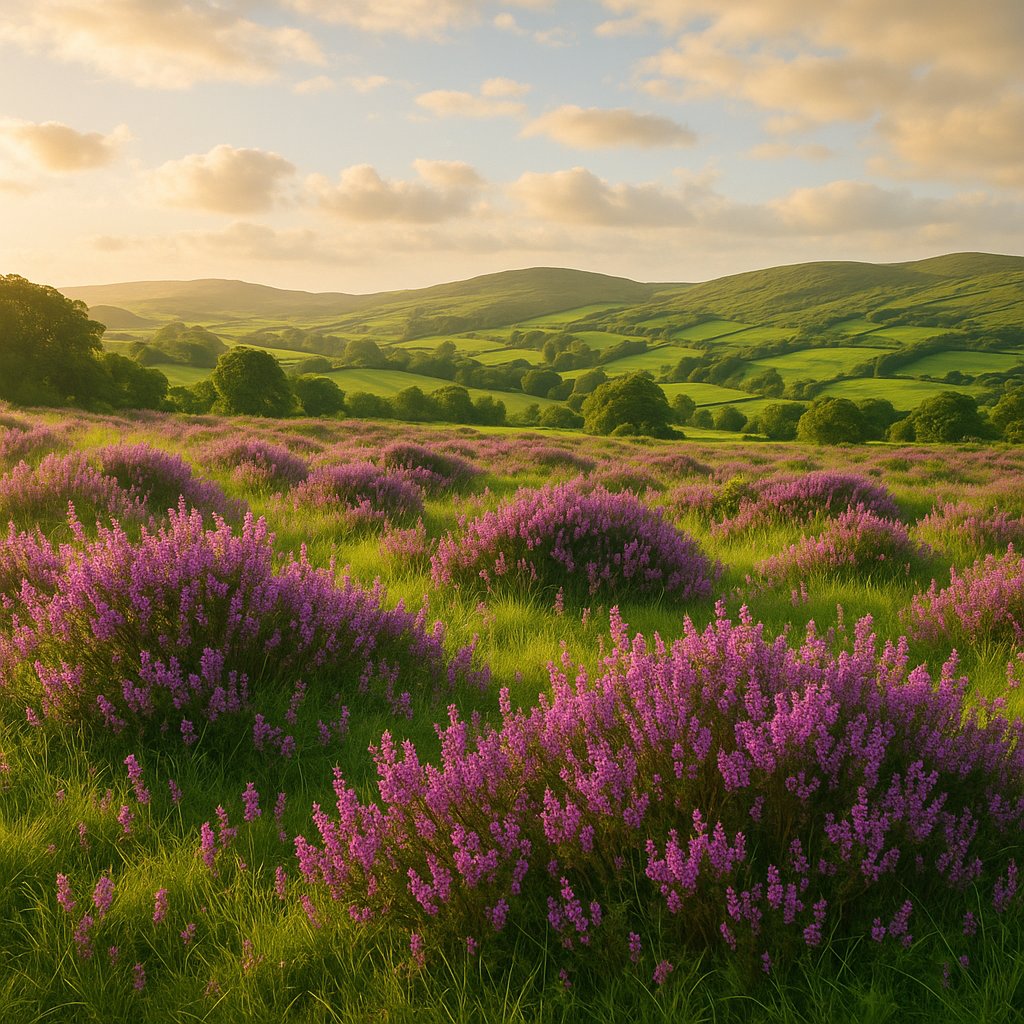 Golden Light Over Heathered Hills
