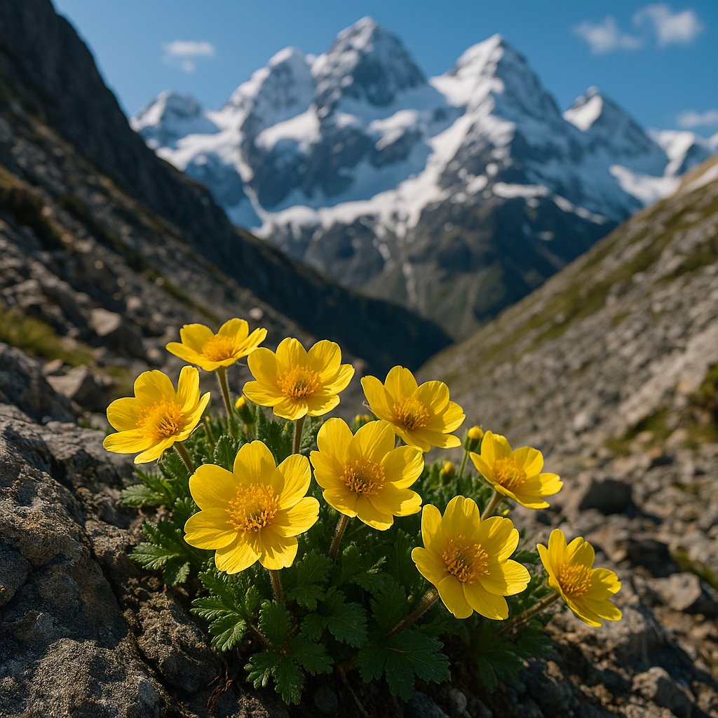 Golden Mountain Avens on a Rocky Alpine Slope