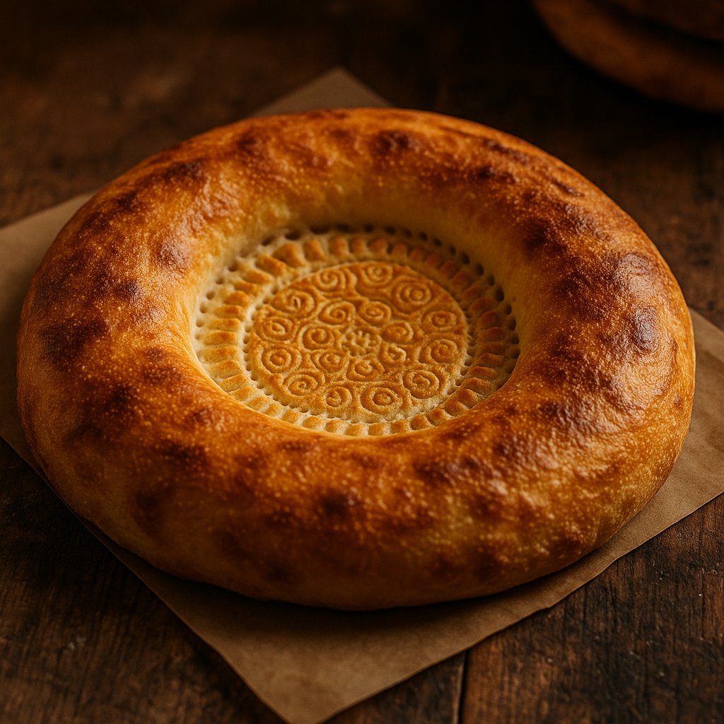 Golden Patterned Flatbread on Rustic Wooden Surface