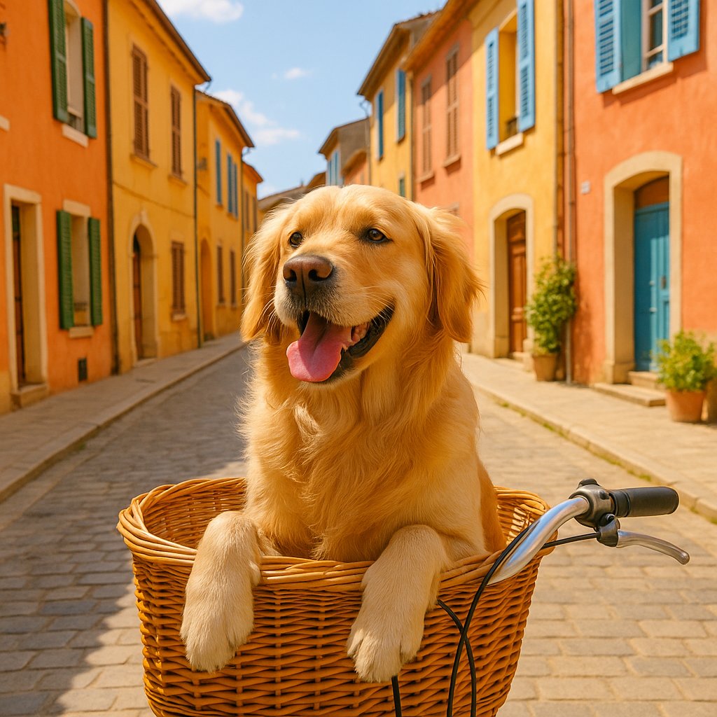Golden Retriever Joyride in a Wicker Basket
