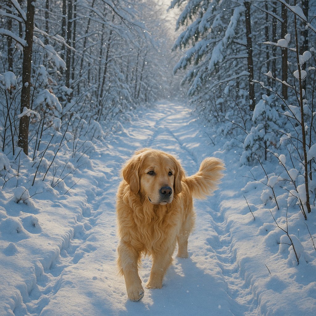 Golden Retriever on a Snowy Forest Trail
