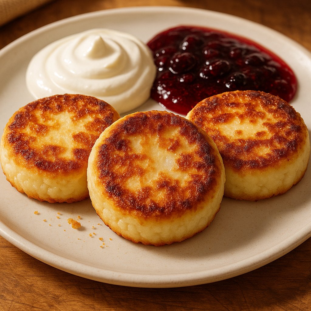Golden Sirniki with Sour Cream and Berry Jam