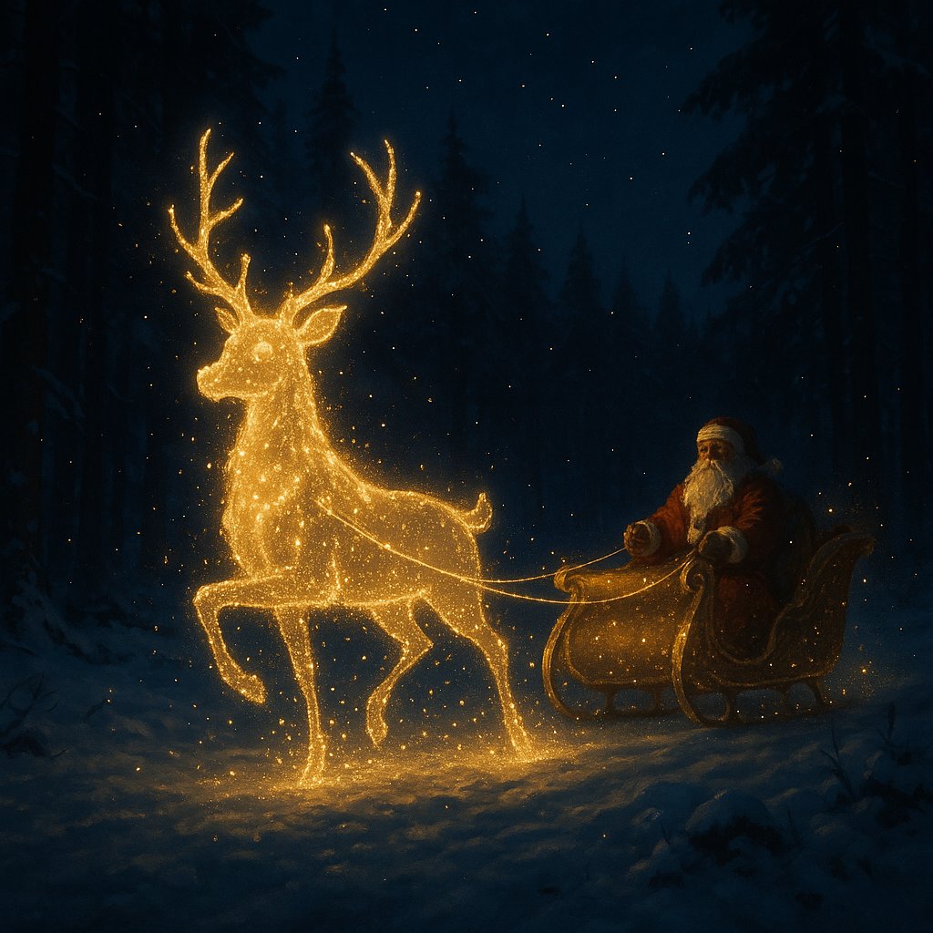 Golden Spirit Reindeer Pulling Santa Through the Night