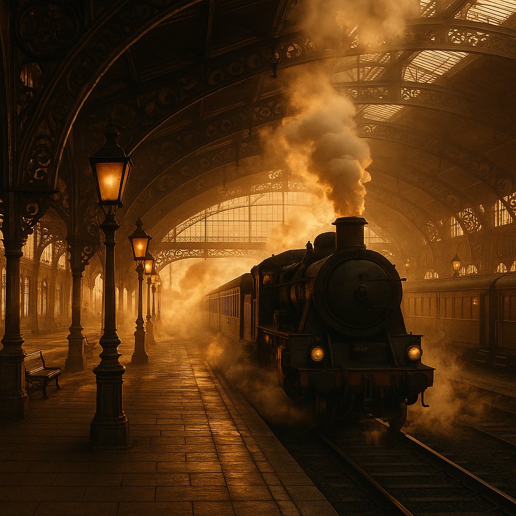 Golden Steam: Vintage European Station at Dusk