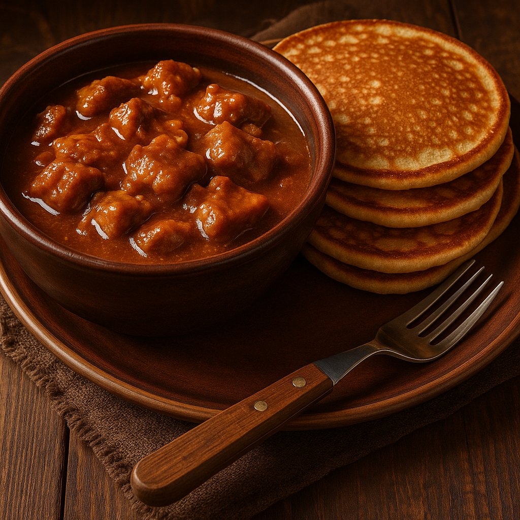 Hearty Machanka Pork Stew with Stack of Pancakes