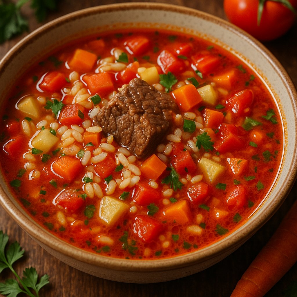 Hearty Mastava — Rice & Beef Tomato Soup