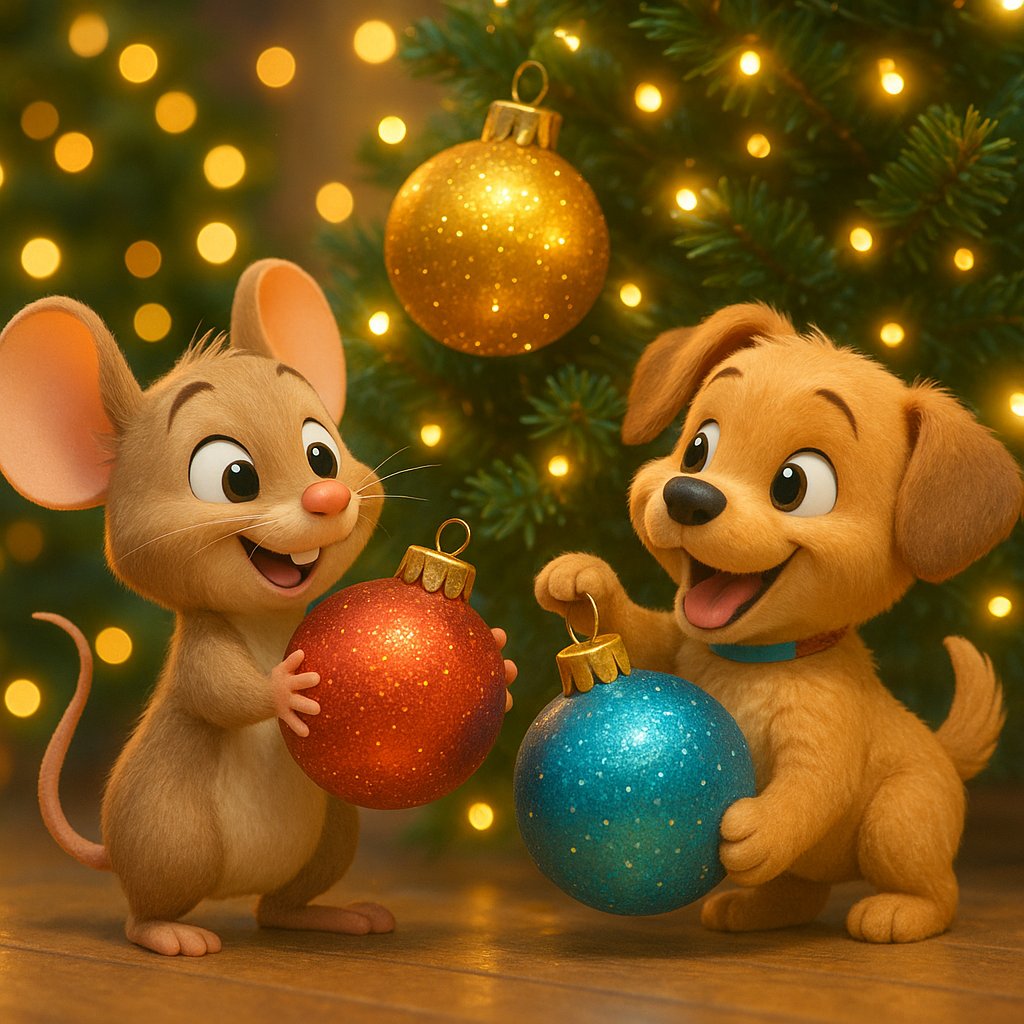 Holiday Helpers: Mouse & Puppy Decorating the Tree