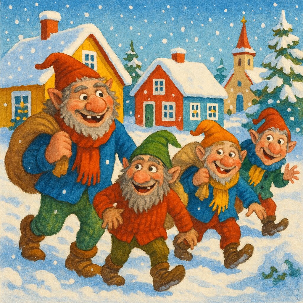 Icelandic Yule Lads in a Snowy Village