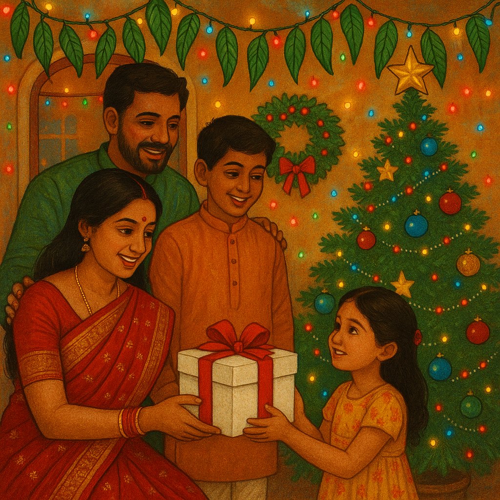 Indian Family Celebrating Christmas with Mango Leaf Decorations