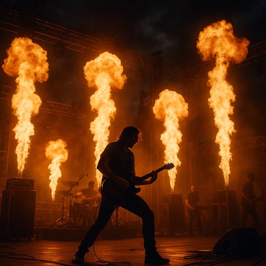 Inferno on Stage — Guitarist Silhouette Amid Pyrotechnics