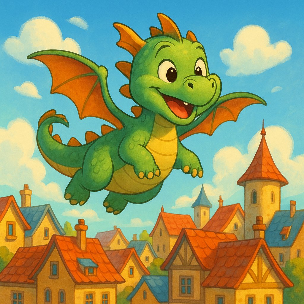Joyful Little Dragon Over Colorful Rooftops