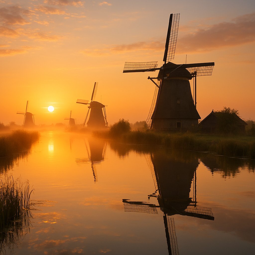 Kinderdijk Dawn: Windmills and Golden Reflections