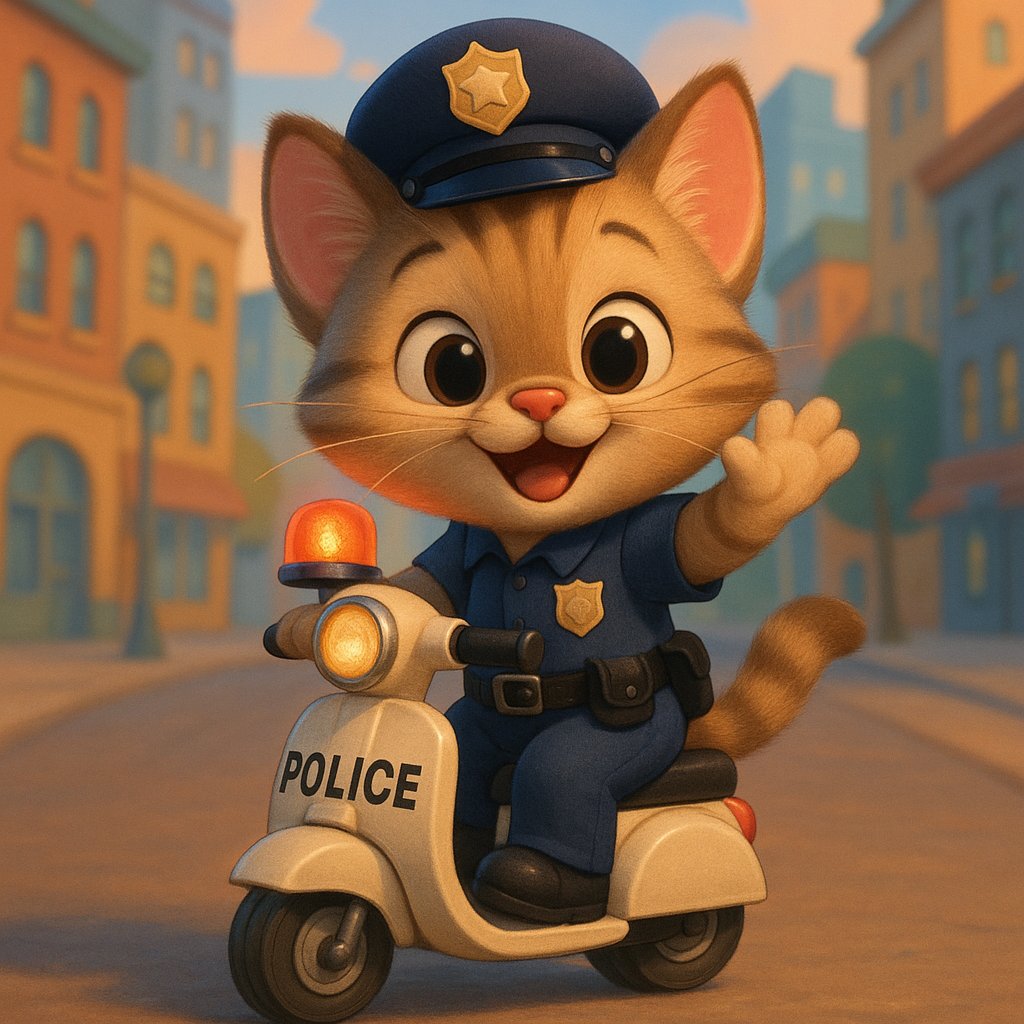 Kitten Patrol: Cheerful Little Officer on Scooter