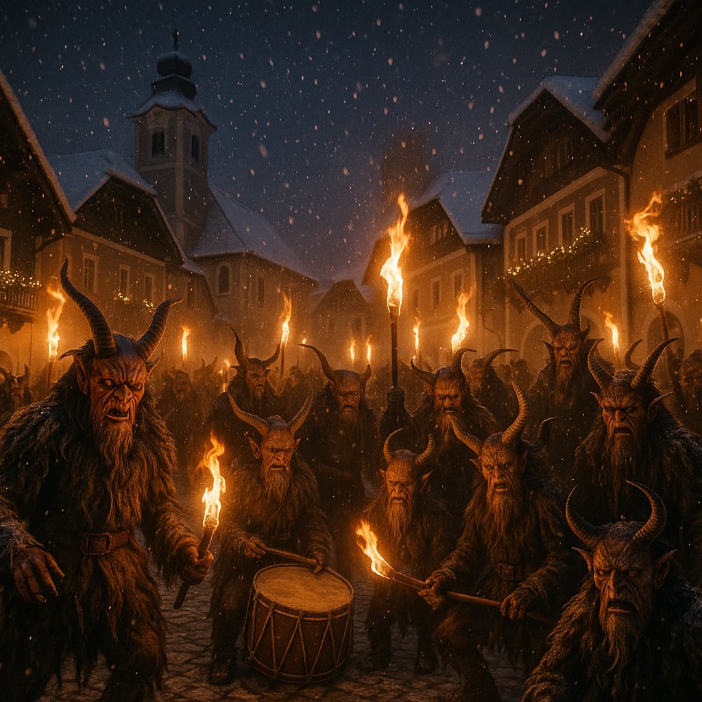 Krampus Night Procession in a Snowy Austrian Village