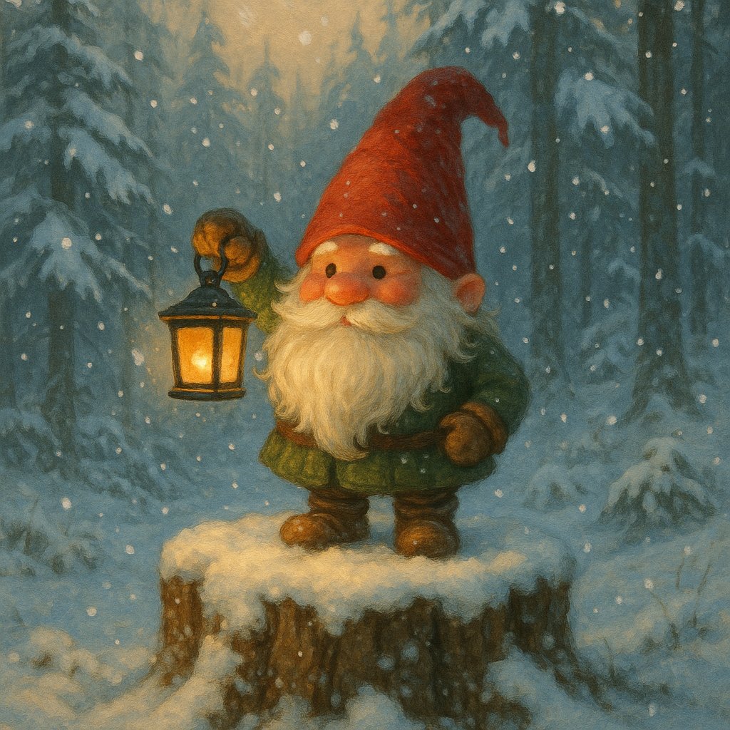 Lantern-Bearing Gnome on a Snowy Stump