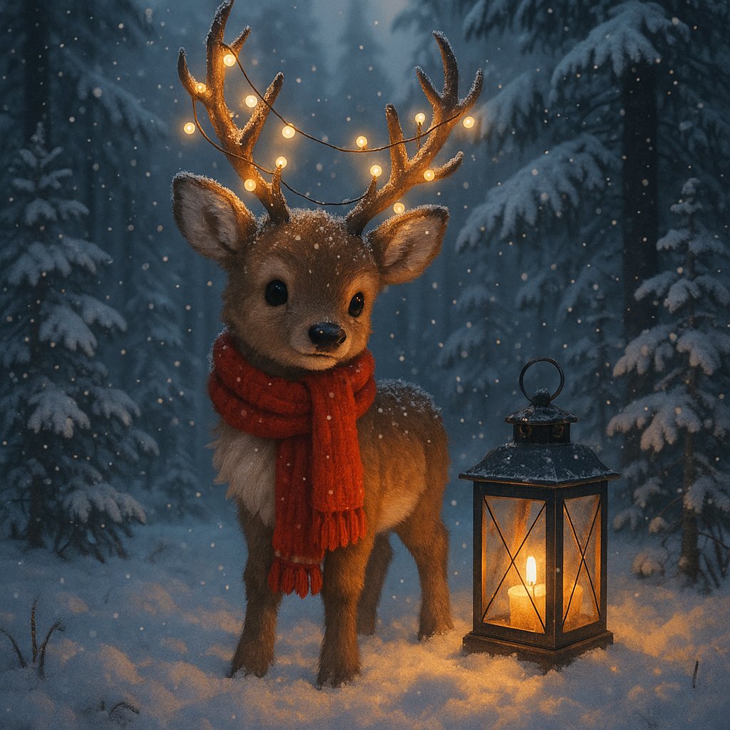 Lantern-Lit Reindeer in a Winter Forest