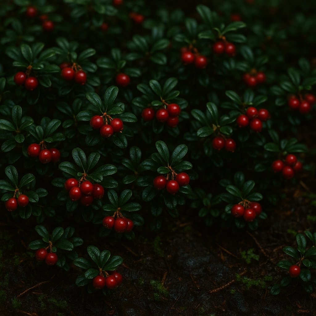Lingonberry Carpet — Red Berries in Dark Forest Moss