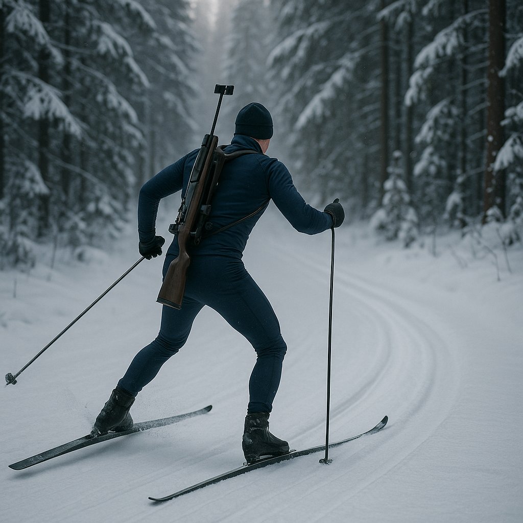 Lone Biathlete on a Snow-Covered Forest Trail