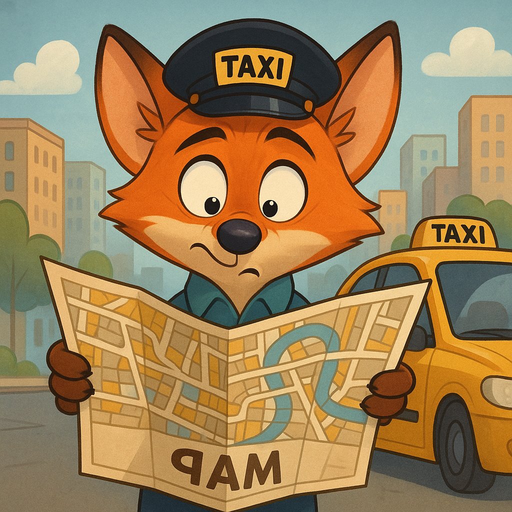 Lost in the City: Fox Taxi Driver with Upside-Down Map