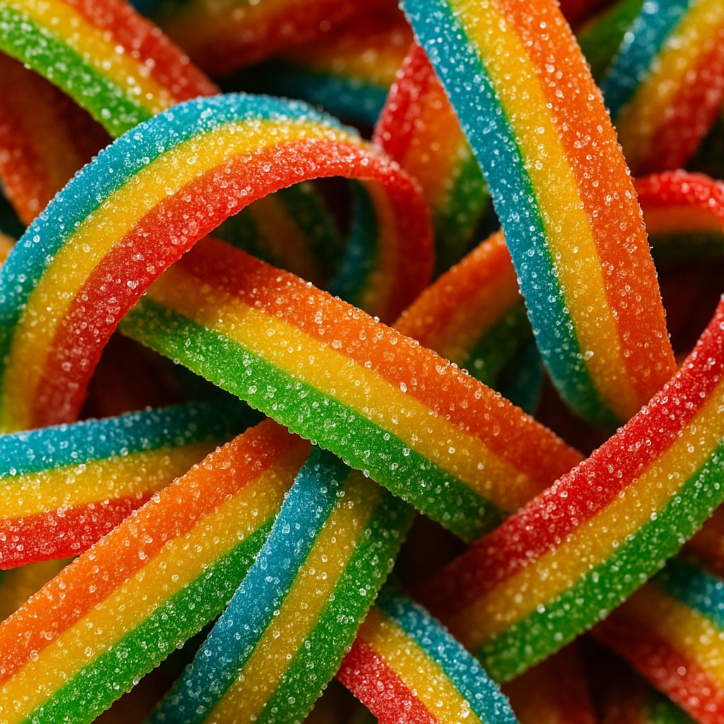 Macro Shot of Rainbow Sugar-Coated Candy Strips