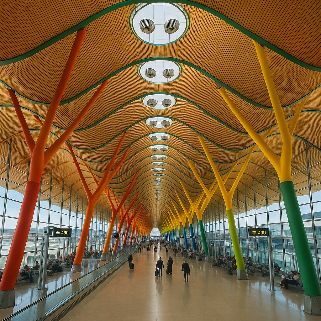Madrid-Barajas T4: Colorful Columns & Wavy Wooden Ceiling