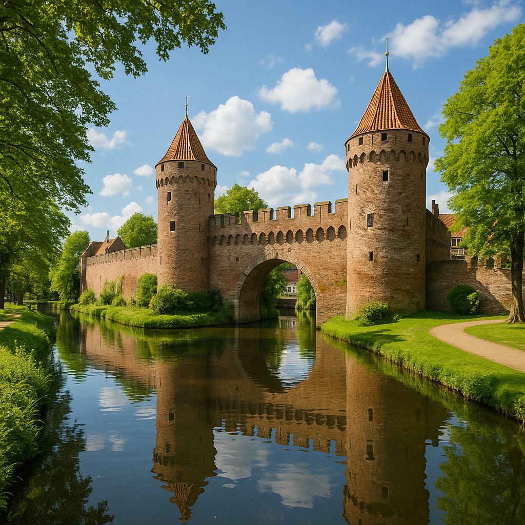 Medieval City Walls and Canal in Zwolle, Sunlit Greens