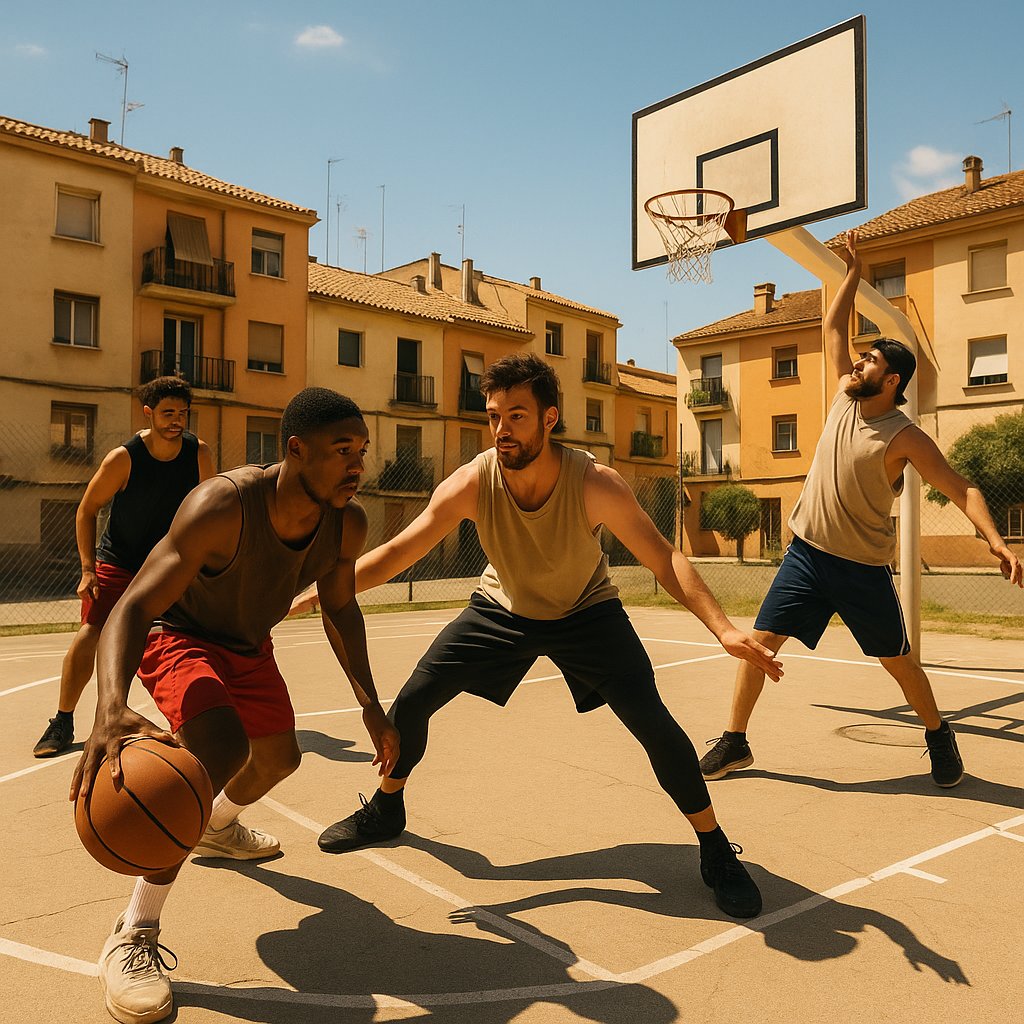 Midday Street Basketball in a Spanish Neighborhood