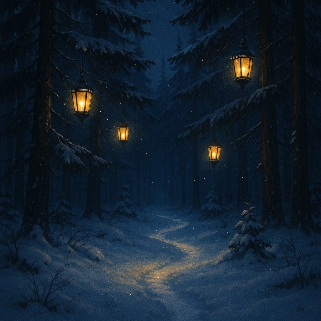 Midnight Lantern Path in a Snowy Pine Forest