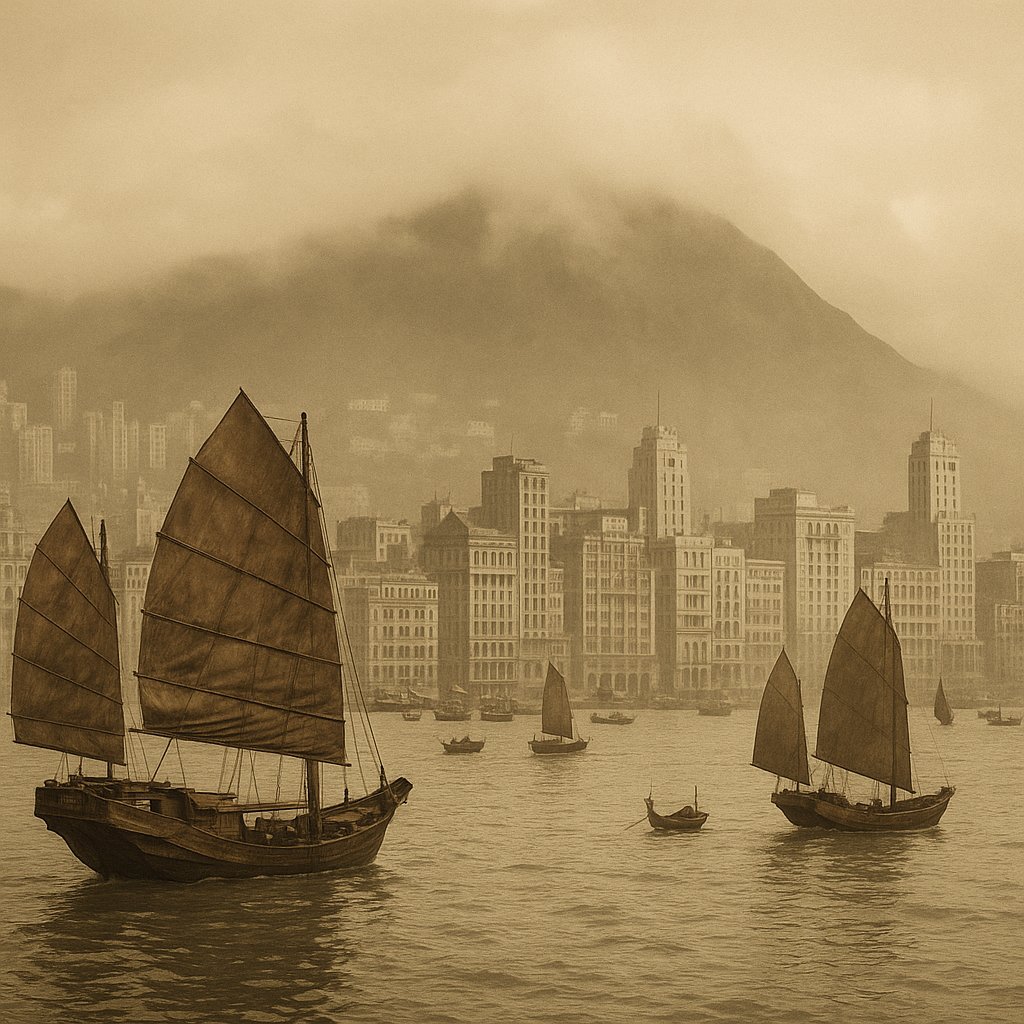 Misty Harbour: Hong Kong Junks, c.1950 (Vintage Sepia)