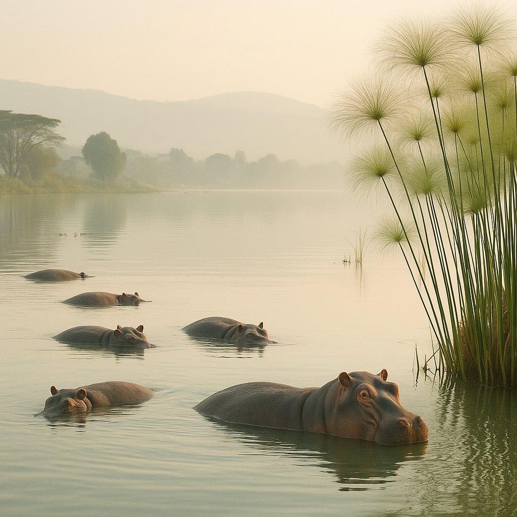 Morning Calm at Naivasha: Hippos Among Papyrus