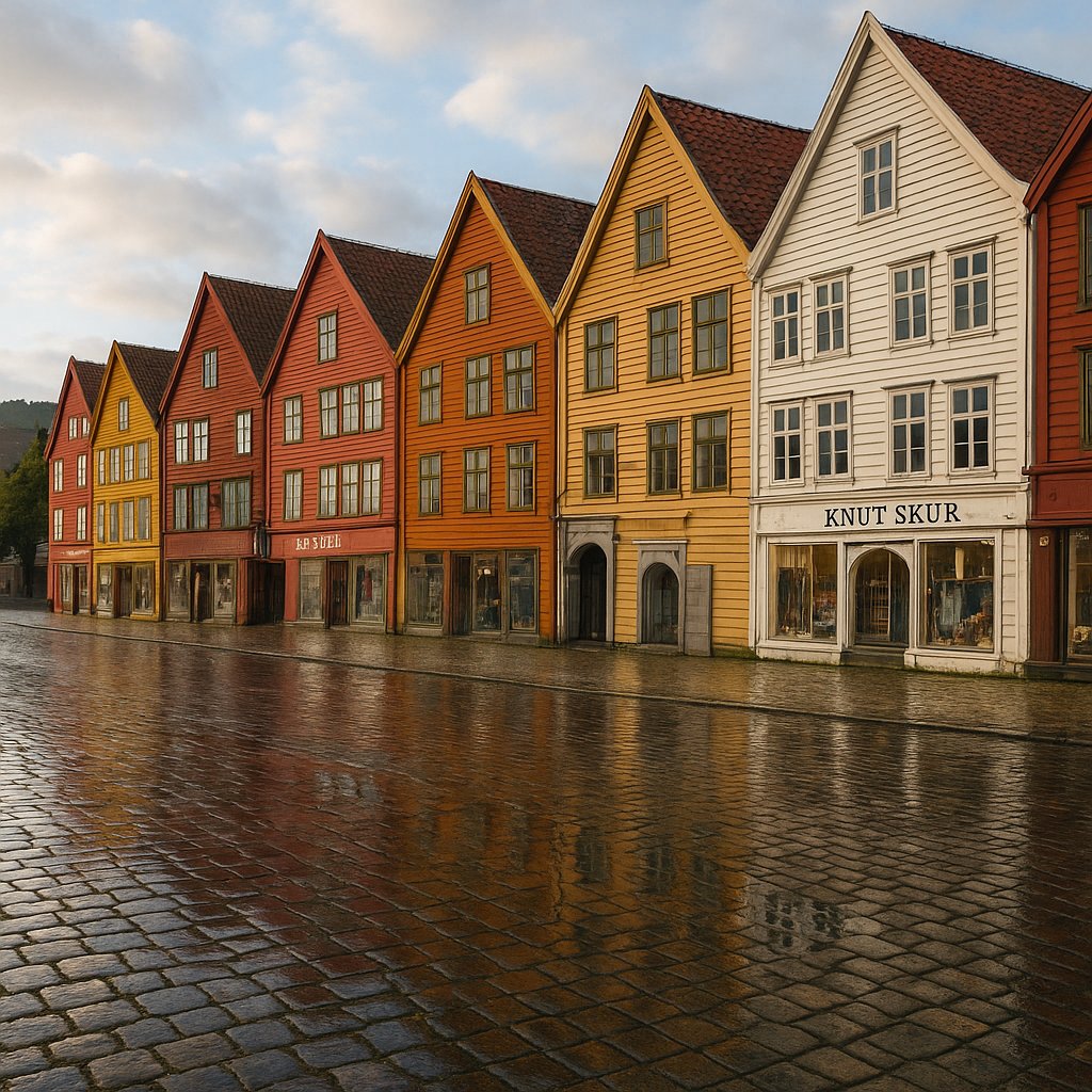 Morning Light on Bryggen: Colorful Wharf Houses Reflected