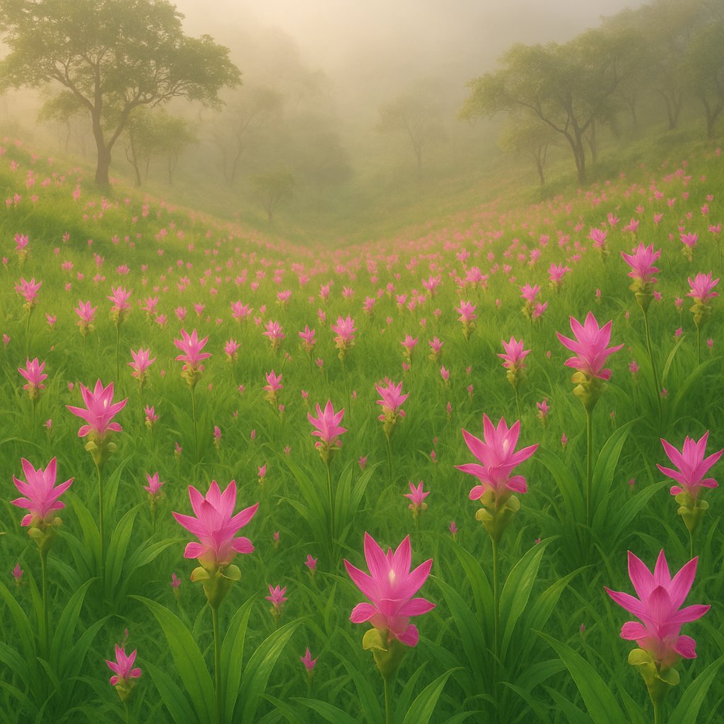 Morning Mist Over a Hillside of Siam Tulips
