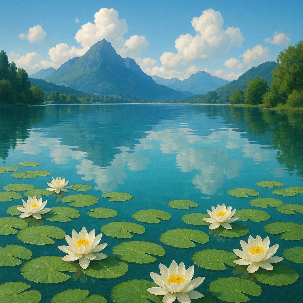 Morning Water Lilies on a Turquoise Lake