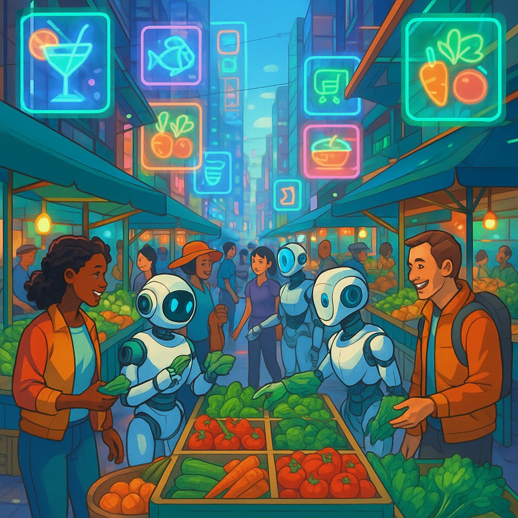 Neon Market: Humans & Robots at the Future Food Stall