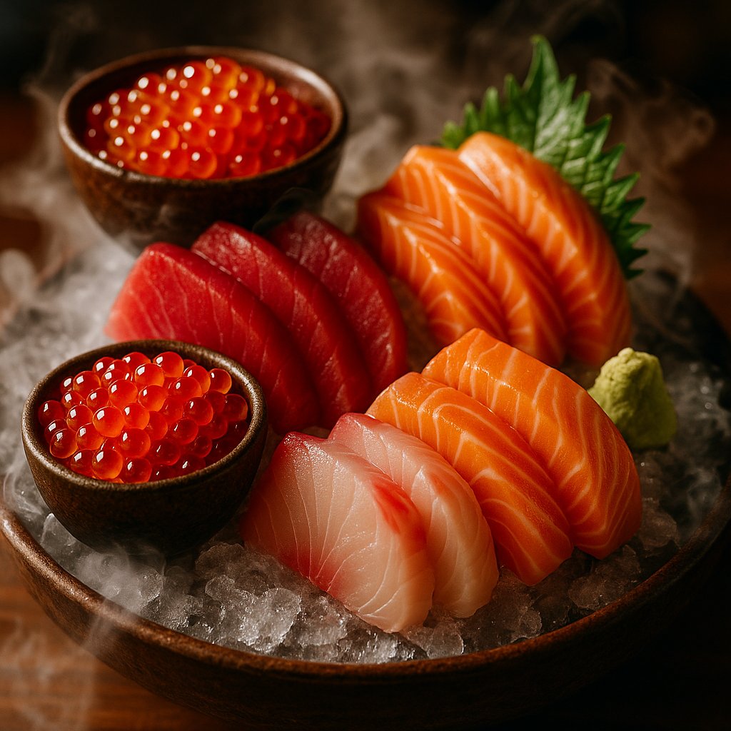 Opulent Sashimi Platter with Ikura and Chilled Ice Fog