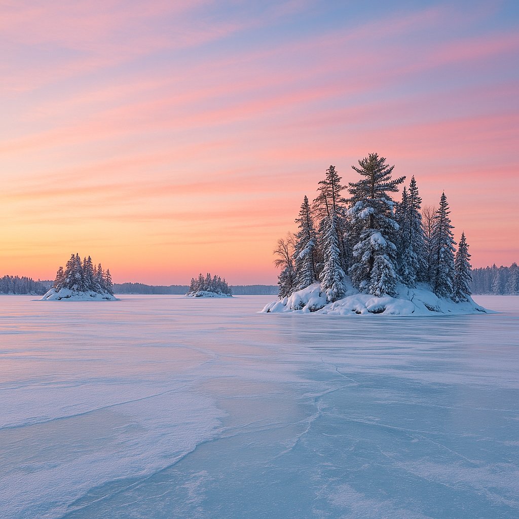 Pastel Sunset Over Frozen Islands — Voyageurs National Park