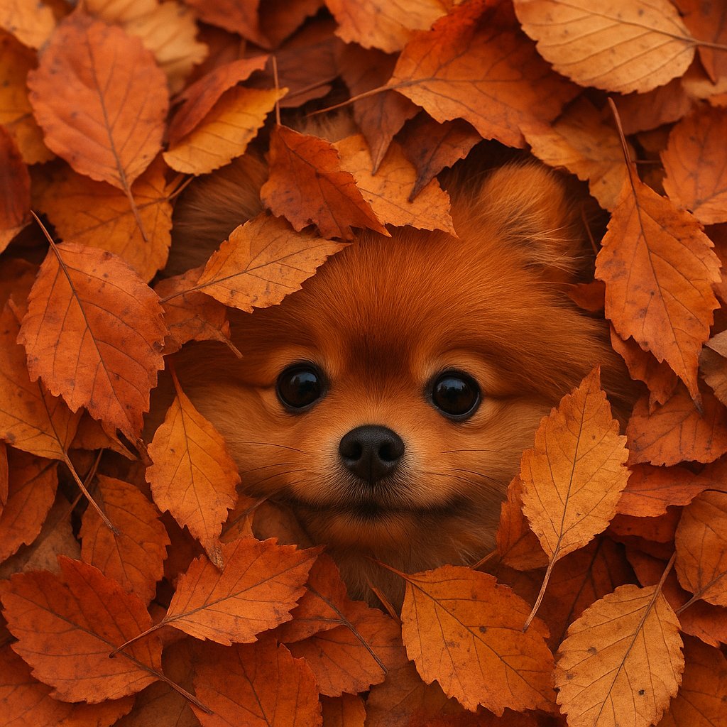 Peekaboo Pomeranian in Autumn Leaves
